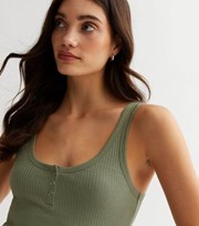 New Look Khaki Ribbed Jersey Popper Front Crop Top